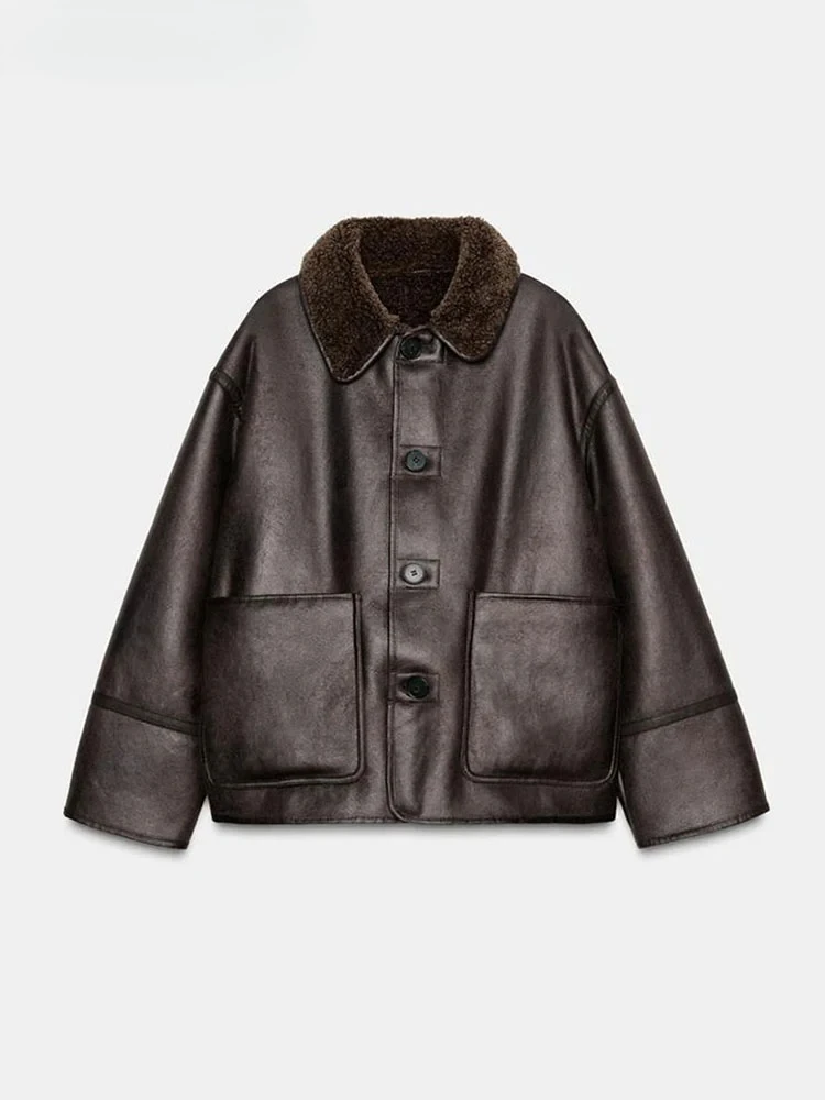 

Autumn Winter Fashion Double Sided Solid Jacket Women Lapel Collar Single Breasted Long Sleeve Coats Female Utility Outerwear