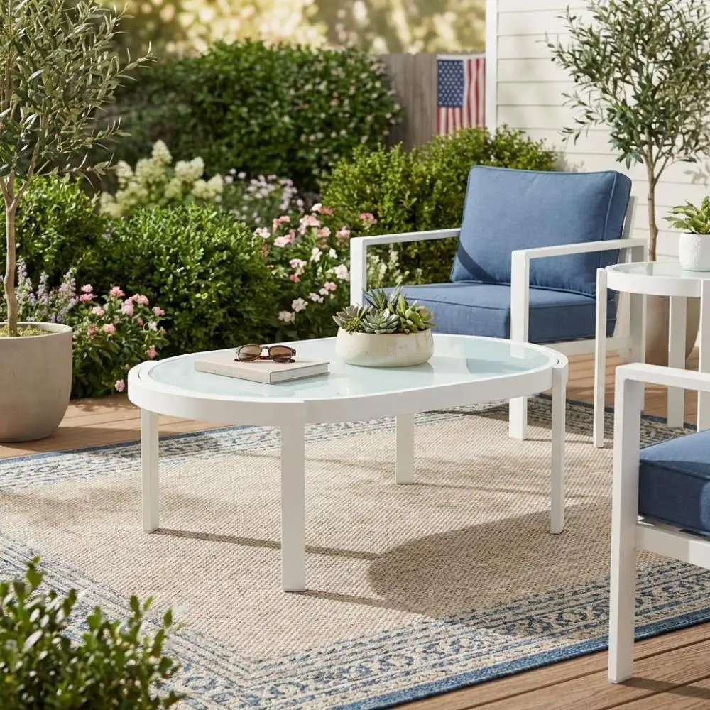 

Modern Outdoor Oval Coffee Table: Tempered Glass, White Aluminum Frame, Weather-Resistant for Patios/Decks