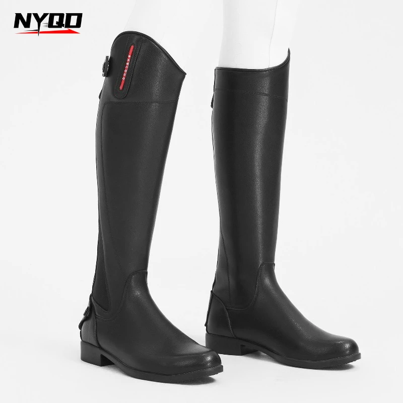 Men Women Genuine Leather Equestrian Tall Riding Boots, Elastic Wide Calf Jumping Horse Boots, Non‑Slip Horse Rider Footwear