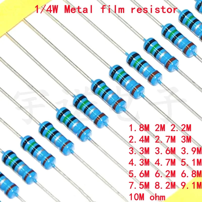 

100piece 1/4W Metal Film Resistor 1% 1.8M 2 2.2 2.4 2.7 3 3.3 3.6 3.9 4.3 4.7 5.1 5.6 6.2 6.8 7.5 8.2 9.1 10M Ohms Good Quality