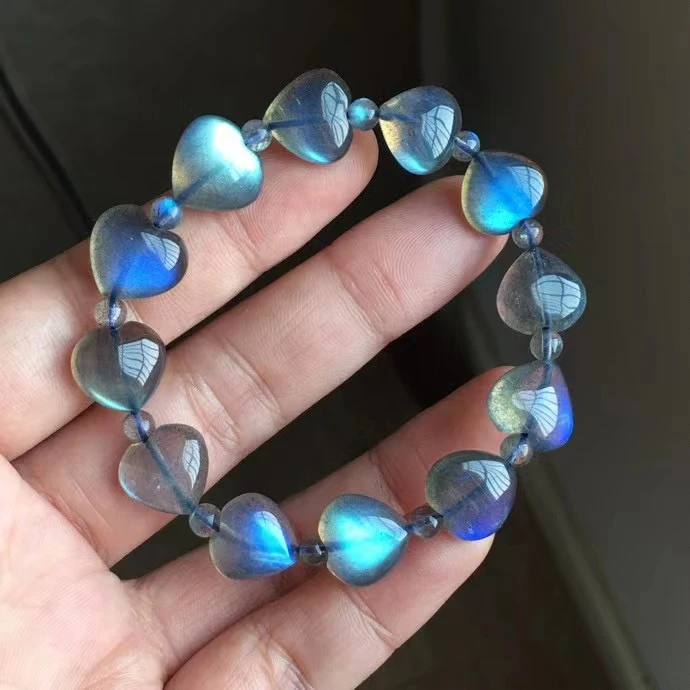 Natural Blue Light Labradorite Heart Beads Bracelet Crystal 14x14mm Women Men Clear Labradorite Carved Grey Moonstone  AAAAA