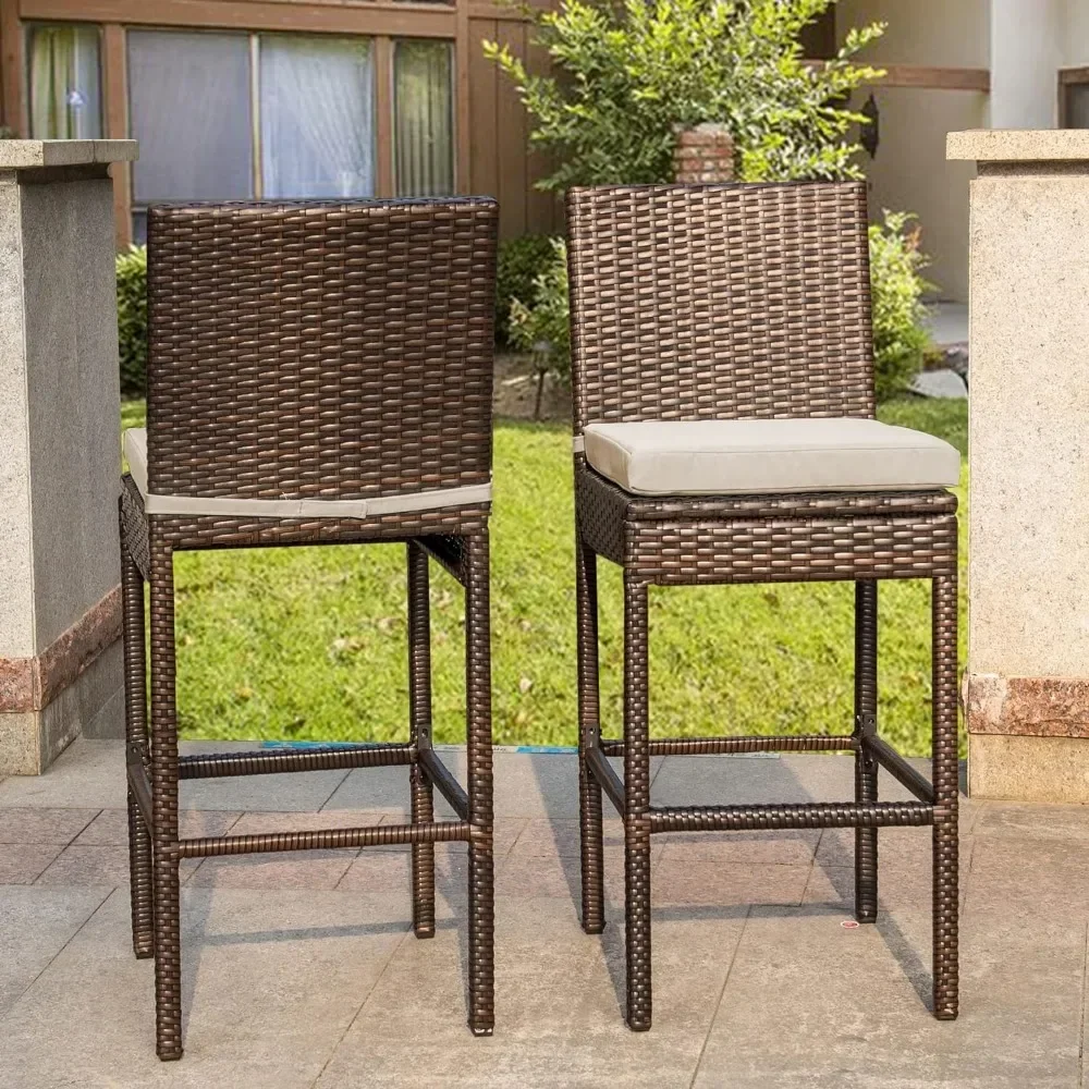 Barhocker 4er-Set, hoher brauner Rattan stuhl mit Kissen und beigem Kissen, Allwetter, Bar stühle