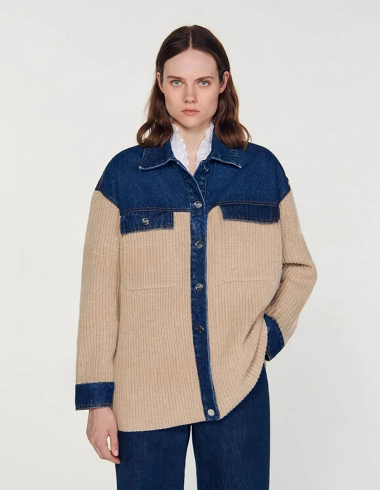 

Женский джемпер S Home Autumn 2023 из денима с цветными вставками, вязаный, с воротником-стойкой, без застежки, CA00835, уличный стиль, длинный рукав, свободный крой