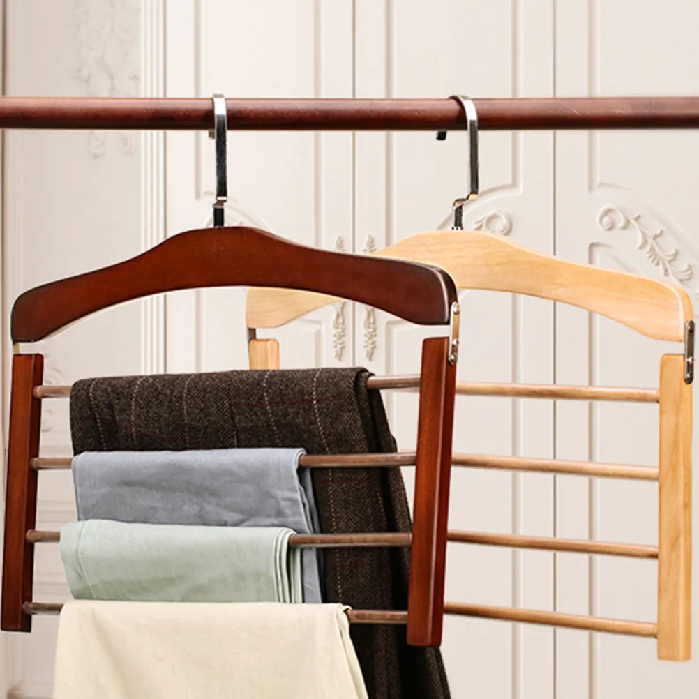 4Pcs Solid Wood Pants Hanger Multifunctional Non-Slip Multi-Layer Clothes Organizer Space Saver for Home Closet