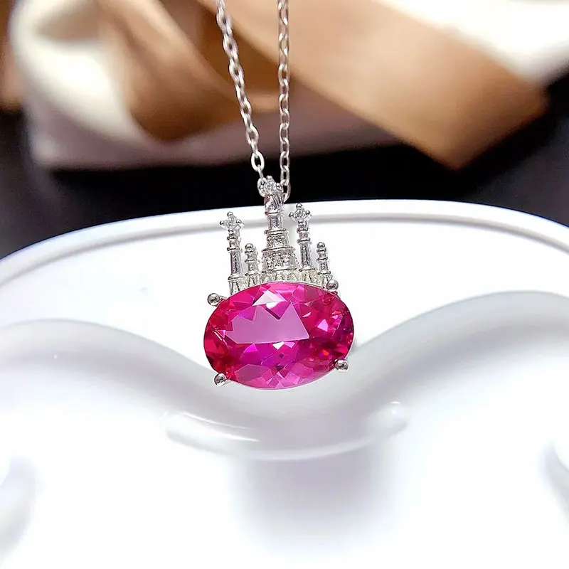

Fantastic 925 Silver Castle Pendant 10mm*14mm 6ct Natural Topaz Necklace Pendant 18K White Gold Plated Pink Topaz Jewelry