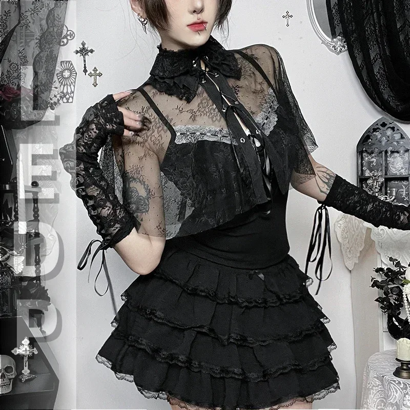 IMU Mall Goth Sexy T-shirt Women Vintage Dark Streetwear Aesthetic See Through Capes Y2k E-girl Lace Patchwork Crop Tank Top