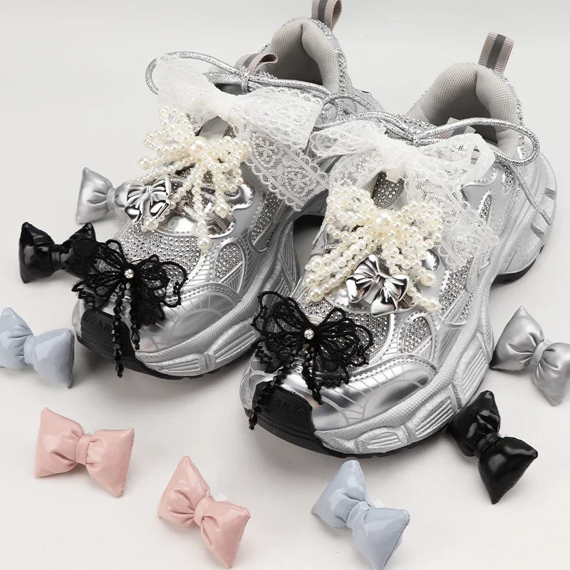 Fashion Bowtie Flower Lace Shoelaces Buckle Shoes Charms Pearl Rhinestone Shoelace Decoration Shoe Accessoriess for Woman 1 Pair