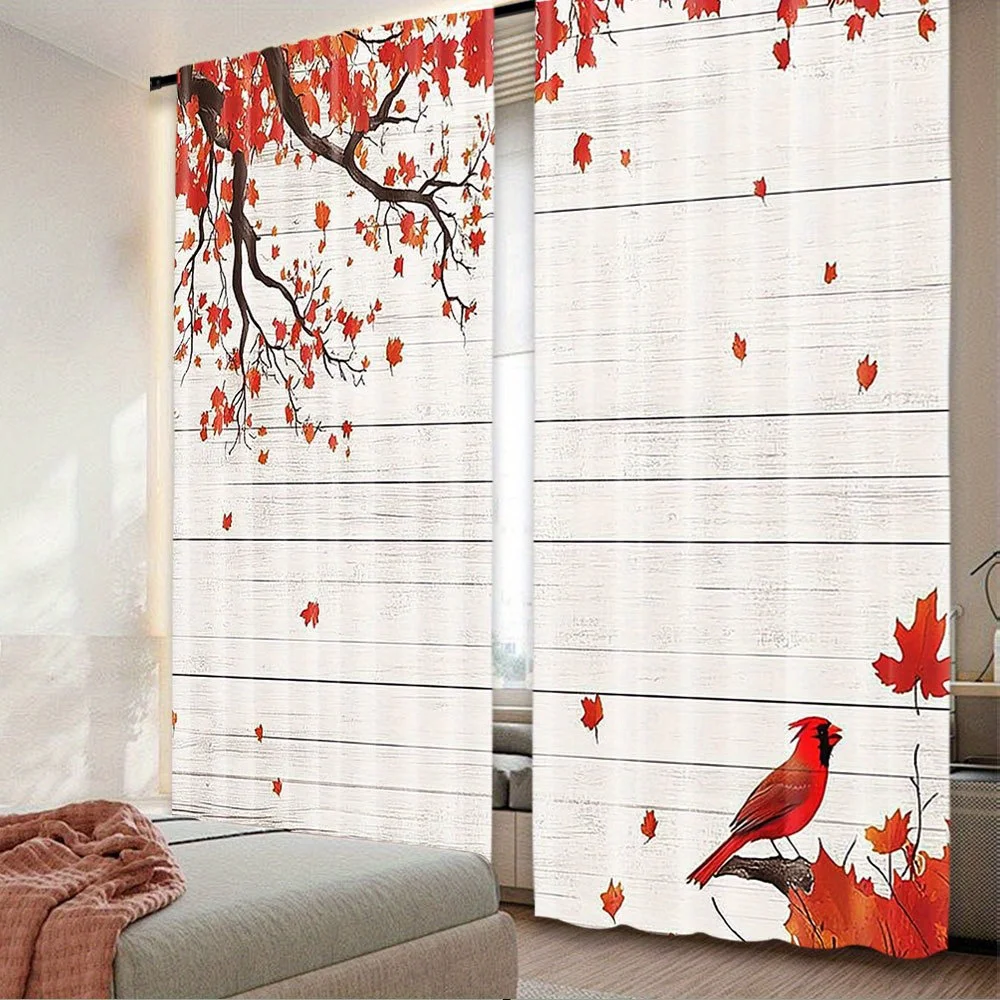 Fall Autumn Leaves Curtains Red Cardinal Drapes Window Treatments Rustic Wood Grain Season Decor Window Coverings for Living