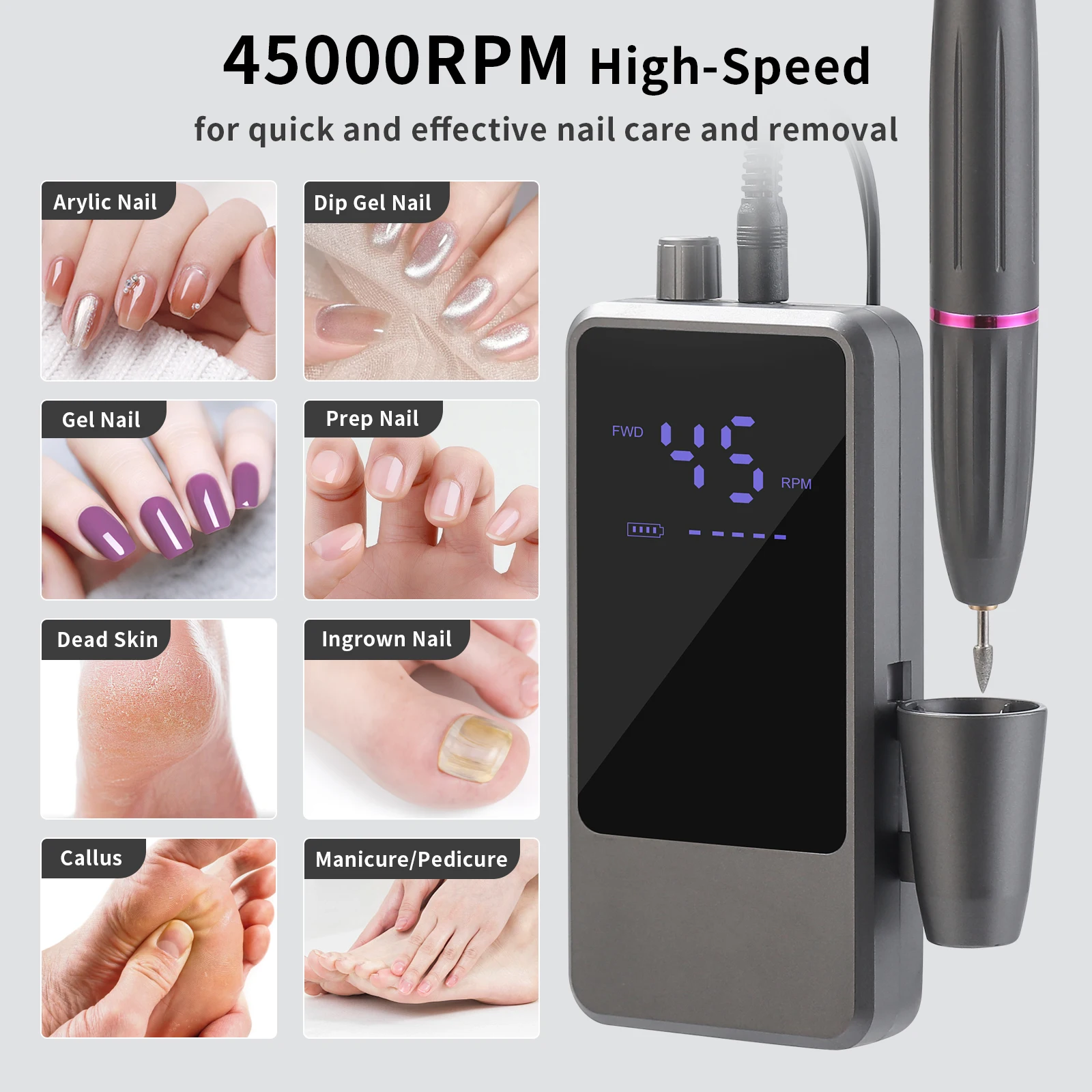 45000RPM Electric Nail Drill Rechargeable Nail Sander File Professional LED Display Nail Polisher For Gel Nail Polish Salon Tool