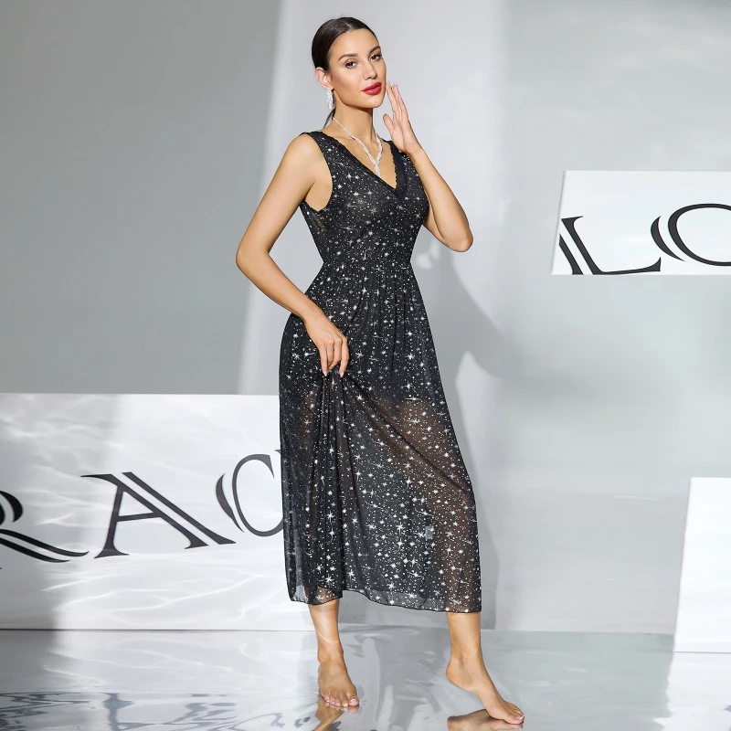 2026 Hot selling Starry Sky Printed Mesh Medium Long V-neck Sleeveless Waist Home Dress for Women
