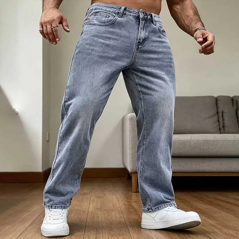 Men'S New Elastic Ankle Pants, Light Blue Distressed Casual Washed Straight Jeans, Men'S Loose All-Match Wide-Leg Casual Trousers
