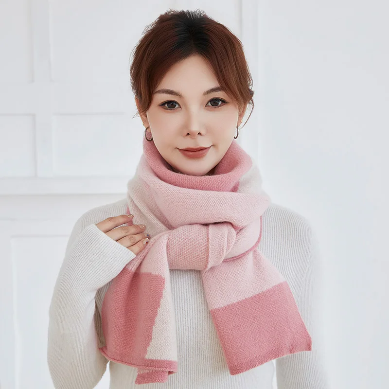 MVLYFLRT Women's High-Quality 100% Pure Goat Cashmere Scarf Color-Block Winter Warmth Neck Protection Fashion Accessory