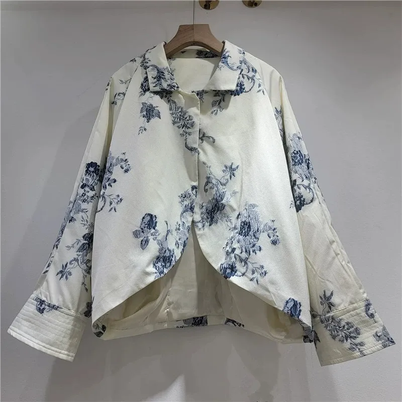 Vintage Jacquard Apricot Casual Short Jacket Women Cardigan Fashion Irregular Hem Lapel Long Sleeve Autumn Women Coat Streetwear