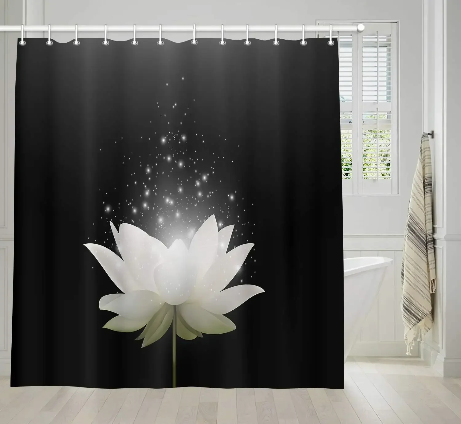 Lotus Shower Curtain Black＆White Flower Magic Elegant Floral on Black Background Modern Simple Unique Art Women Bathroom Curtain
