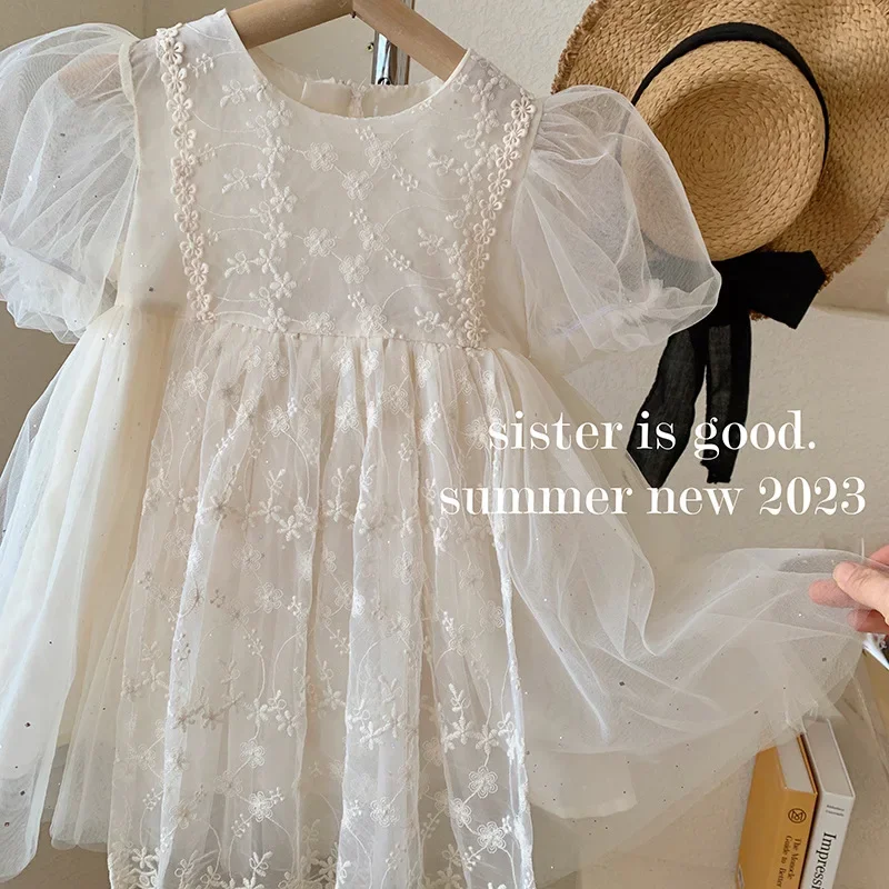 Korean Style New Summer Princess Dress Round Collar Short Sleeves Solid Color Dresses with Lace Children Clothing E23023