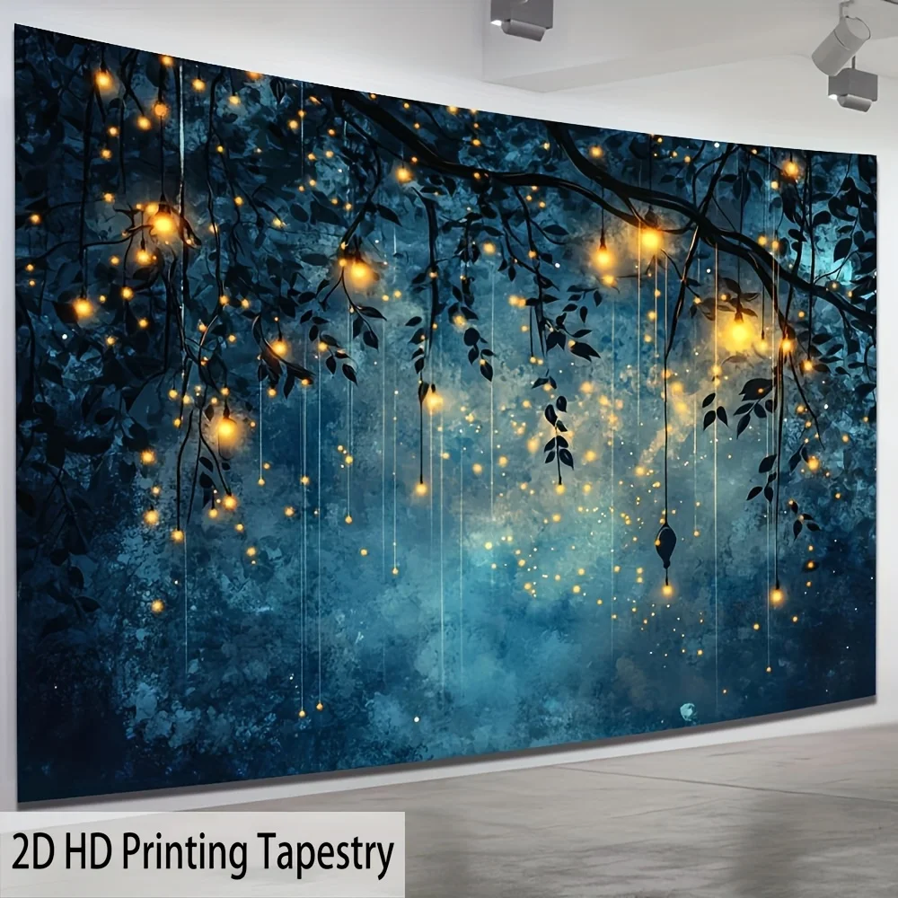 VIKAMA Blue Night Light String Tapestry Twinkle Branches Leaves Wall Hanging Vintage Scenery Backdrop Bedroom Home Decor