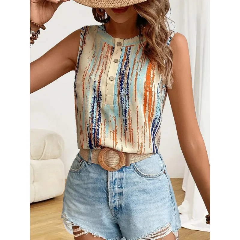 

Plus Size Women's New Summer Fashion Color Block Print Sleeveless Top Elegant Knit Polyester Vest with Button Details Clothing