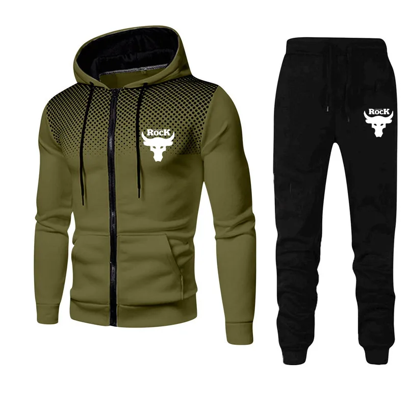 Men\'s casual print hooded fitness basketball tracksuit Dots zipper hoodie and jogging pants two-piece set Autumn winter clothing