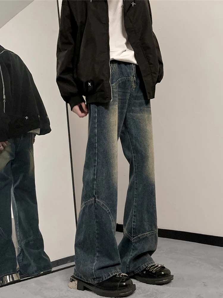 

Ретро американский дистированный дизайн Sense Лоскутные брюки-расклешенные джинсовые брюки High Street Мужские модные брендовые утягивающие джинсы