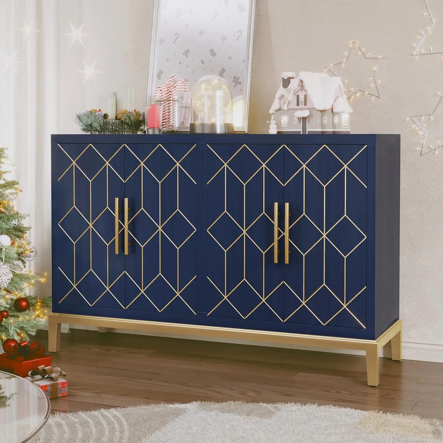

48' Accent Cabinet with 4 Doors and Shelves, Modern Credenza Storage Cabinet with Gold Trim