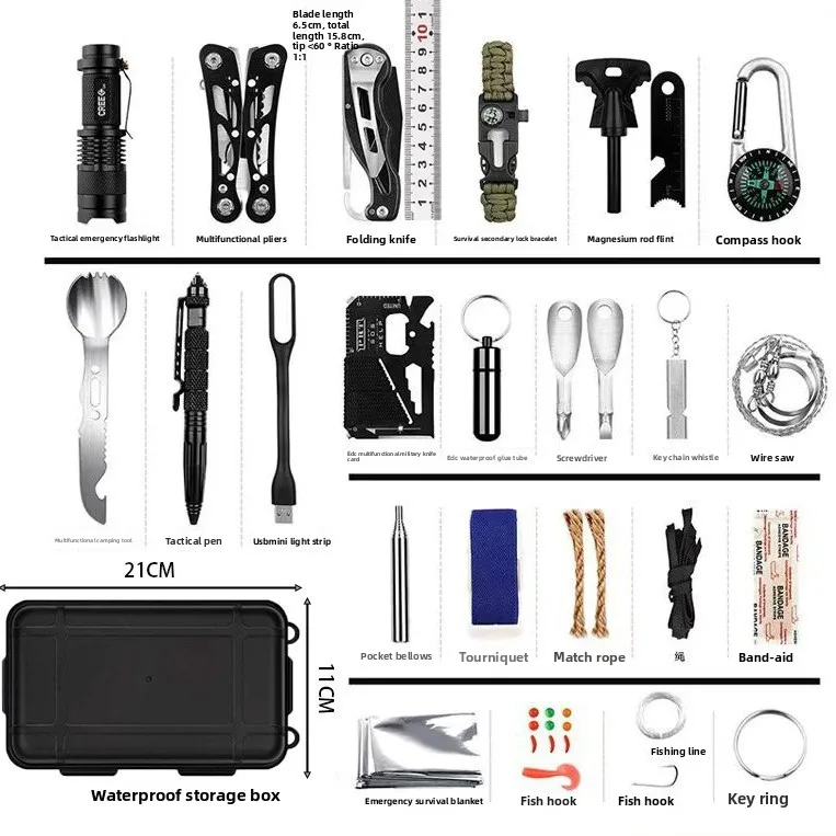 Outdoor Survival Equipment Tool Box 60 in 1 Camping First Aid SOS Emergency Kit, Camping Portable