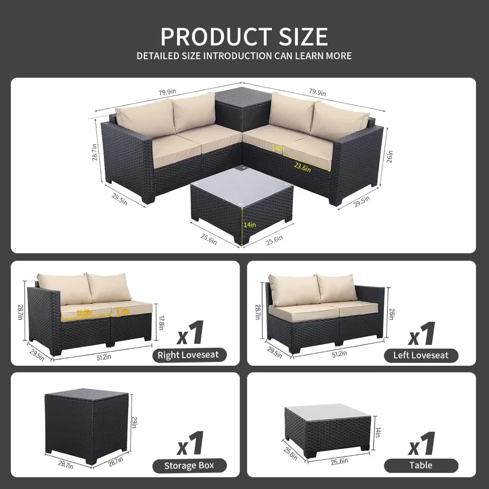 4 Piece Rattan Sectional Conversation Couch Set with Storage Box Glass Top Table and Anti-Slip Cushion, PE Wicker Furniture Set