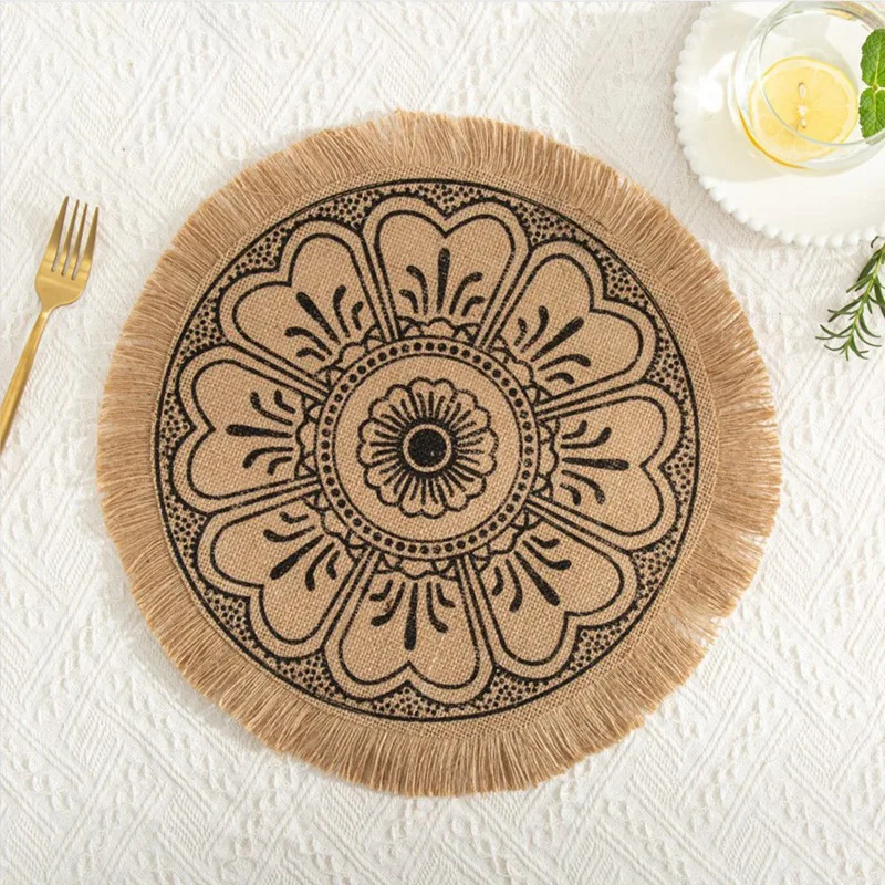 4Pcs Bohemian Style Round Heat-Insulating And Scalding-Proof Dining Mat With Diameter Of 38Cm Anti-Skid Tassel