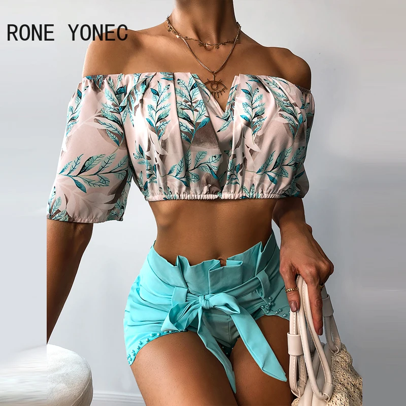 2024 Women Off Shoulder Short Sleeves All Over Print Crop Tops & Beading Decor Solid Bottom with Belts Sexy Short Sets