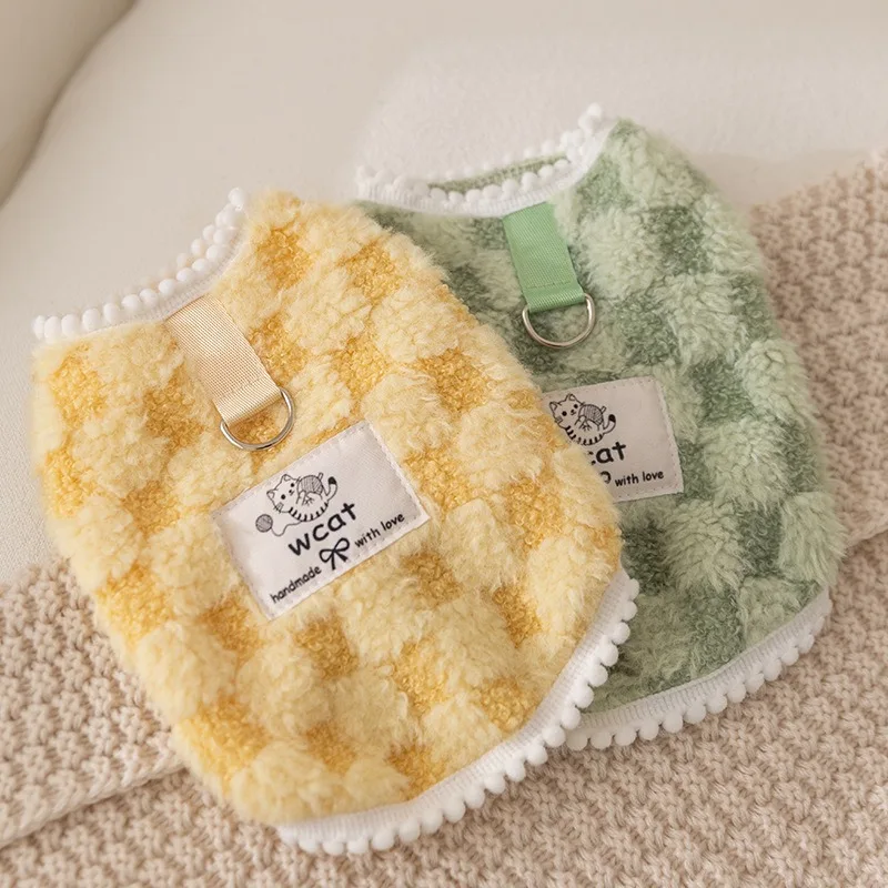 

Yellow Checkered Pet Fleece Warm Dog Clothes Winter Teddy Thickened Cotton Clothes Small Dog Open Button Clothing