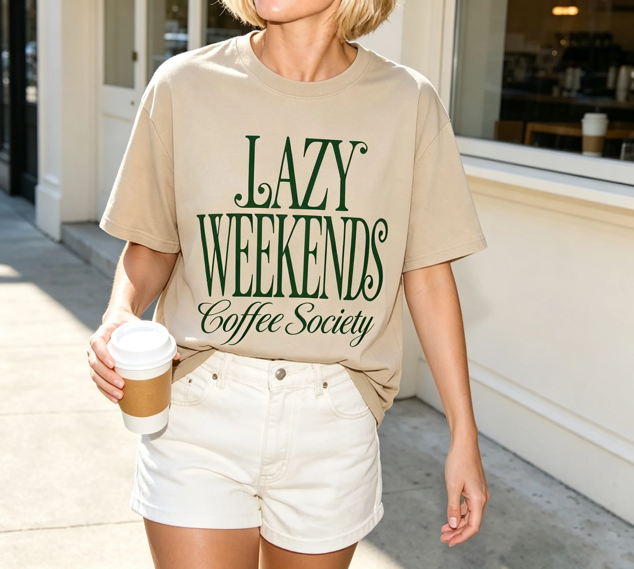 Lazy Weekends Coffee Society Graphic T‑Shirt, Vintage Retro Font Coffee Lover Casual Unisex Short Sleeve Tee