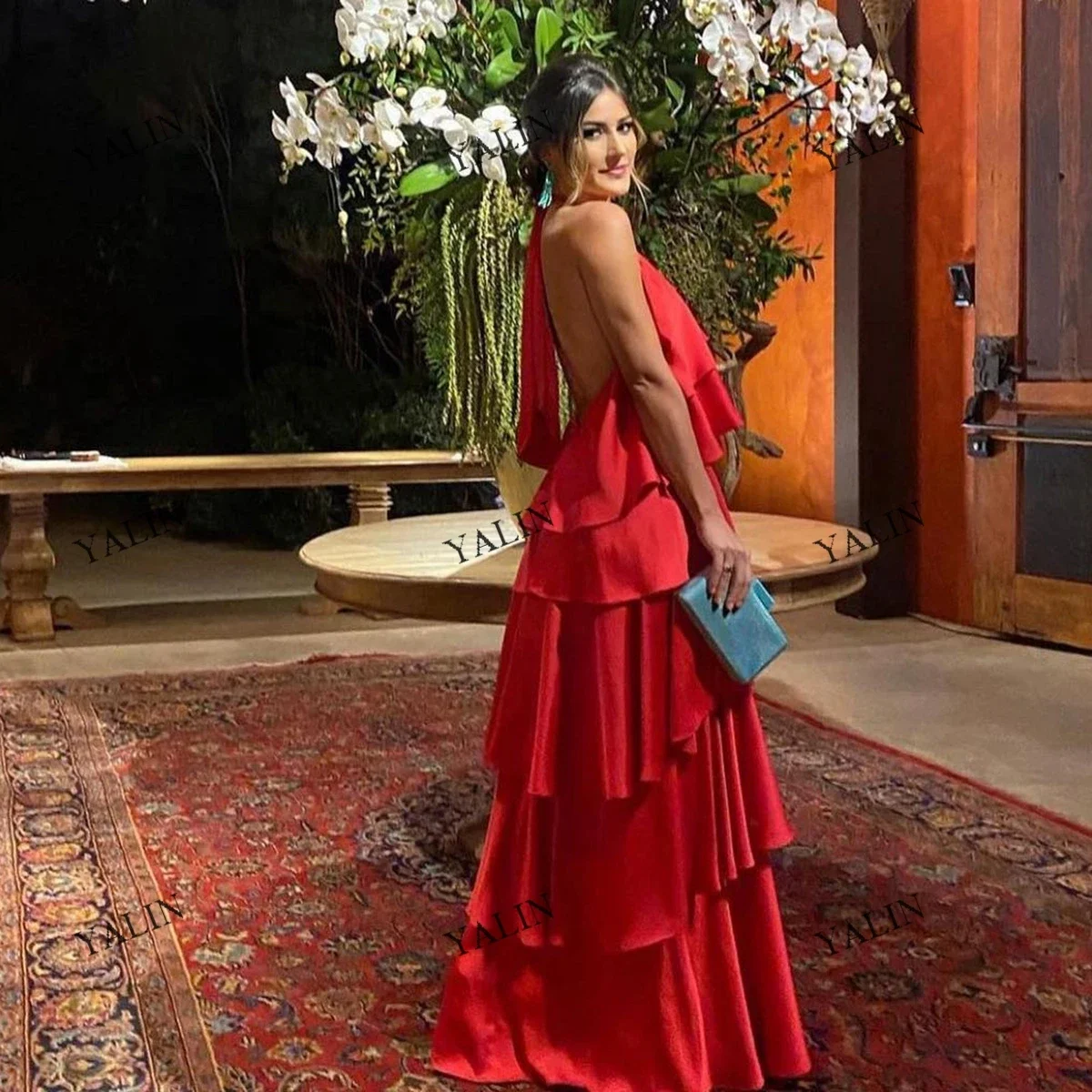 Customized Simple Red Chiffon Prom Dresses Floor Length A-Line Ruched Wedding Guest Gowns For Women Long Open Back Debutante Bal