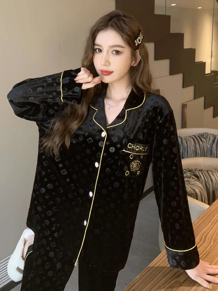 High Quality Gold Velvet Pajamas Women\'s 2024 Spring Autumn New Korean Red Embossed Plus Size Fashion Couple Home Clothes