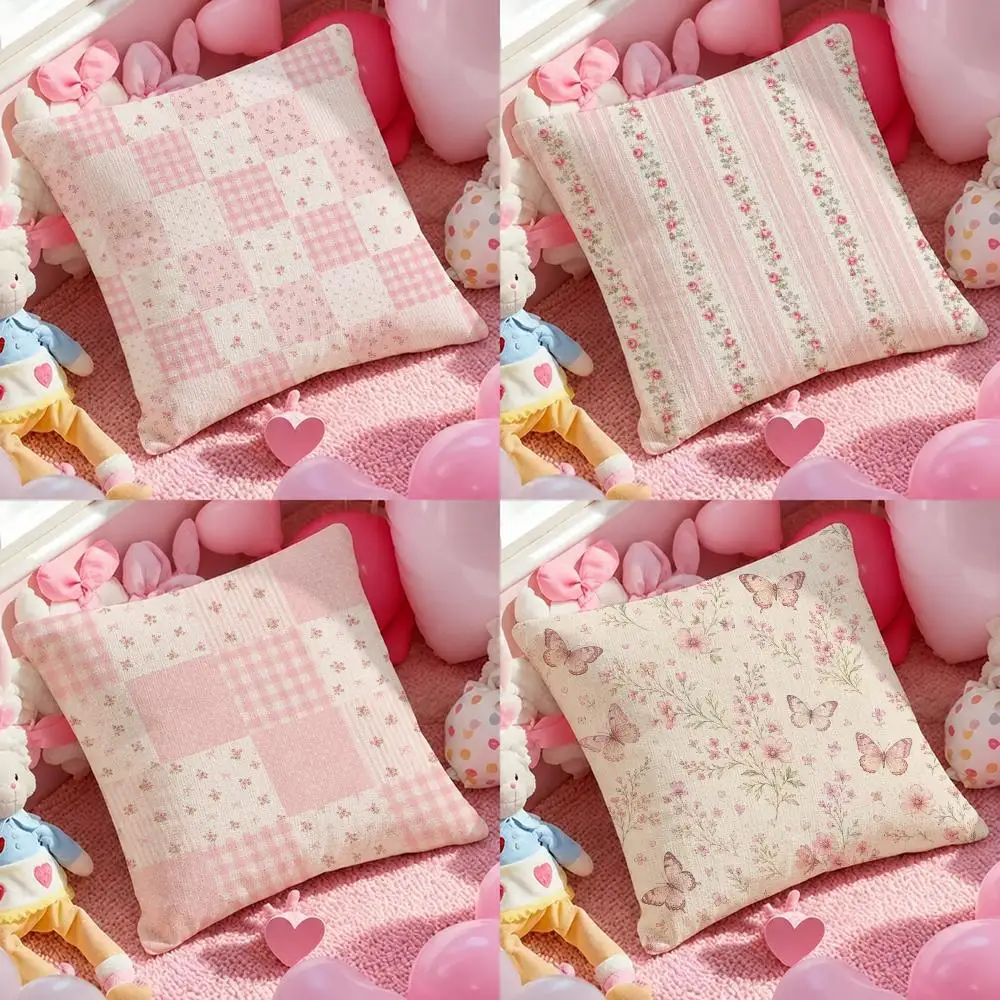 Art Beauty Pink Floral Cushion Cover Pink Linen Texture Cushion Cover Double Sided Invisible Zipper Deco
