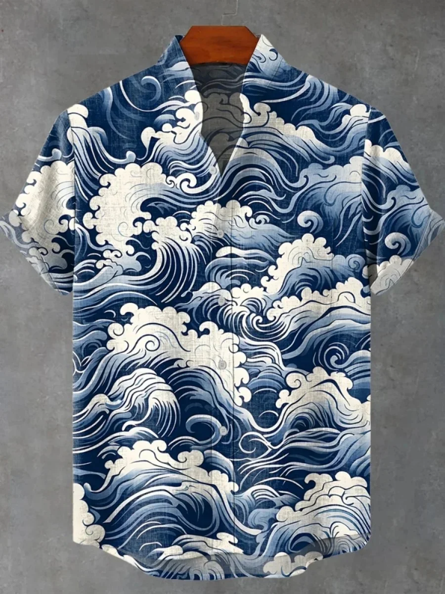 

2025 Men's Summer Short Sleeve Shirt New Printed Linen Shirt European and American Popular Elements Wave Printed Shirt