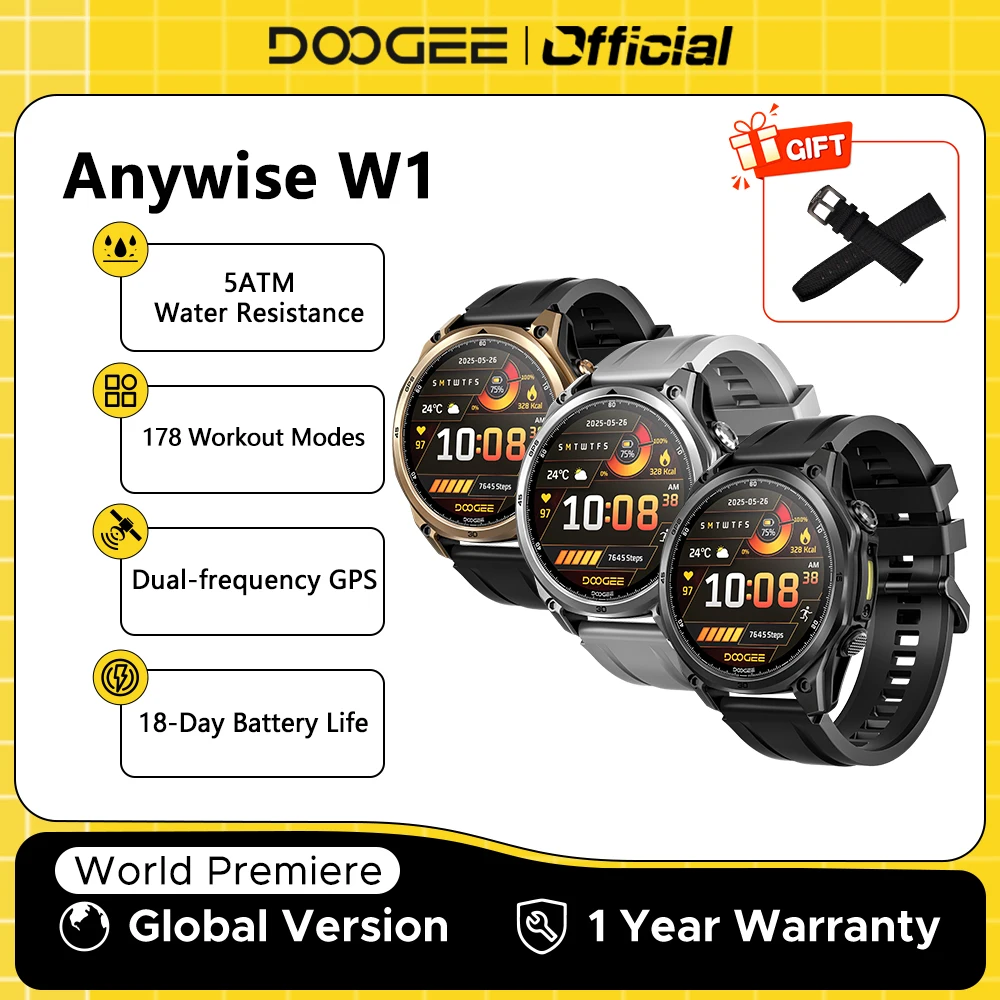 DOOGEE ANYWISE W1 Smart Watch 5ATM Water Resistance 178 Sports Modes Health Monitoring Dual-frequency GPS Reminder Function