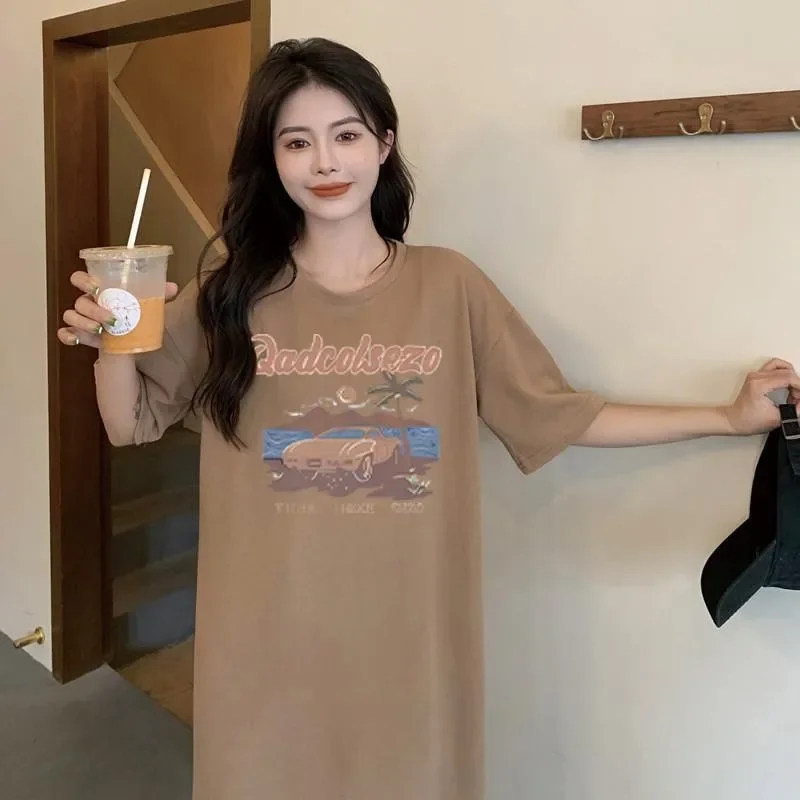 ฤดูใบไม้ผลิและฤดูร้อนสไตล์ยุโรปสไตล์พิมพ์สบายๆสบายๆผู้หญิงขนาดใหญ่แขนสั้นชุดกระโปรงยาว