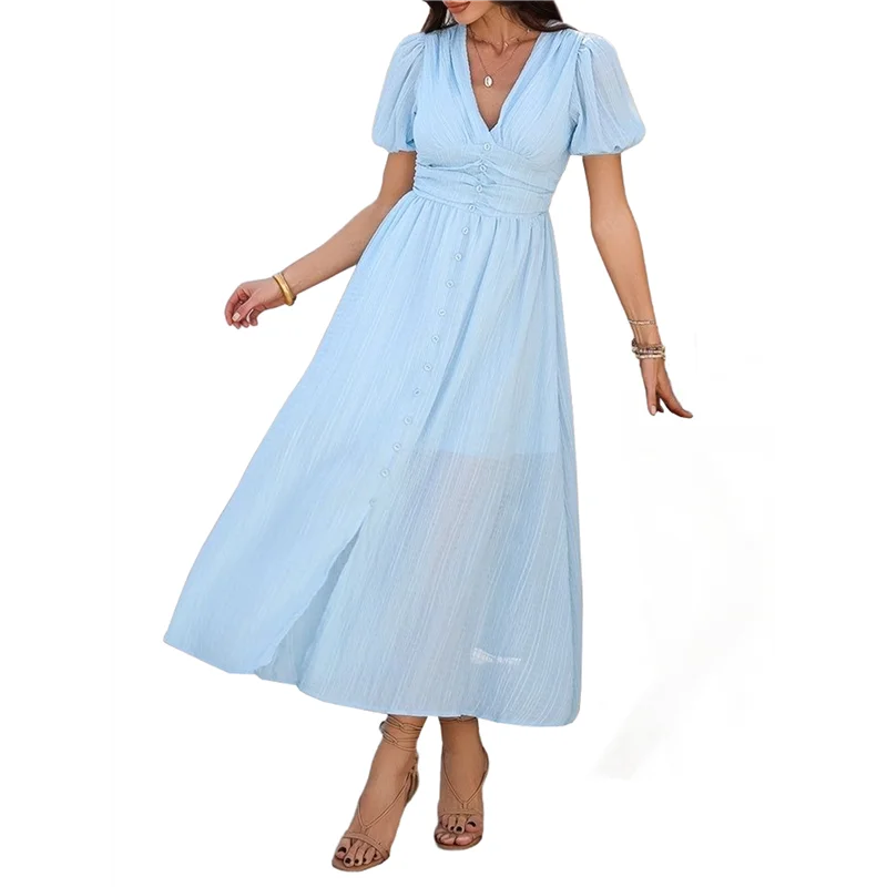 A18P - Letnia sukienka midi damska, codzienna, z bufiastymi rękawami, dekoltem w serek, marszczeniami, zapinana na guziki, z rozcięciem, w stylu boho, idealna na wakacje na plaży, wesele, kolekcja 2025