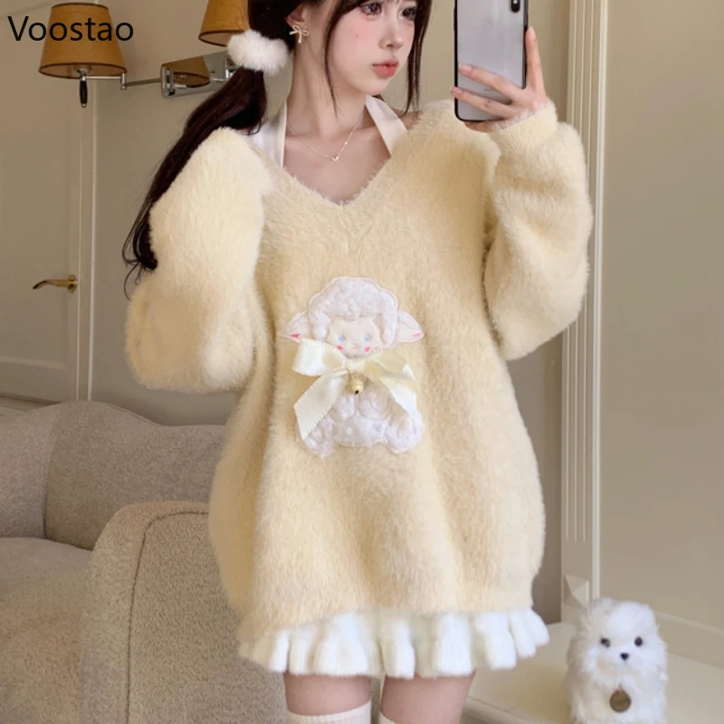 Spring Autumn Kawaii Lolita Sweaters Women Cute Cartoon Sheep Embroidery V-Neck Knitted Pullovers Coat Y2k Loose Knitwear Tops