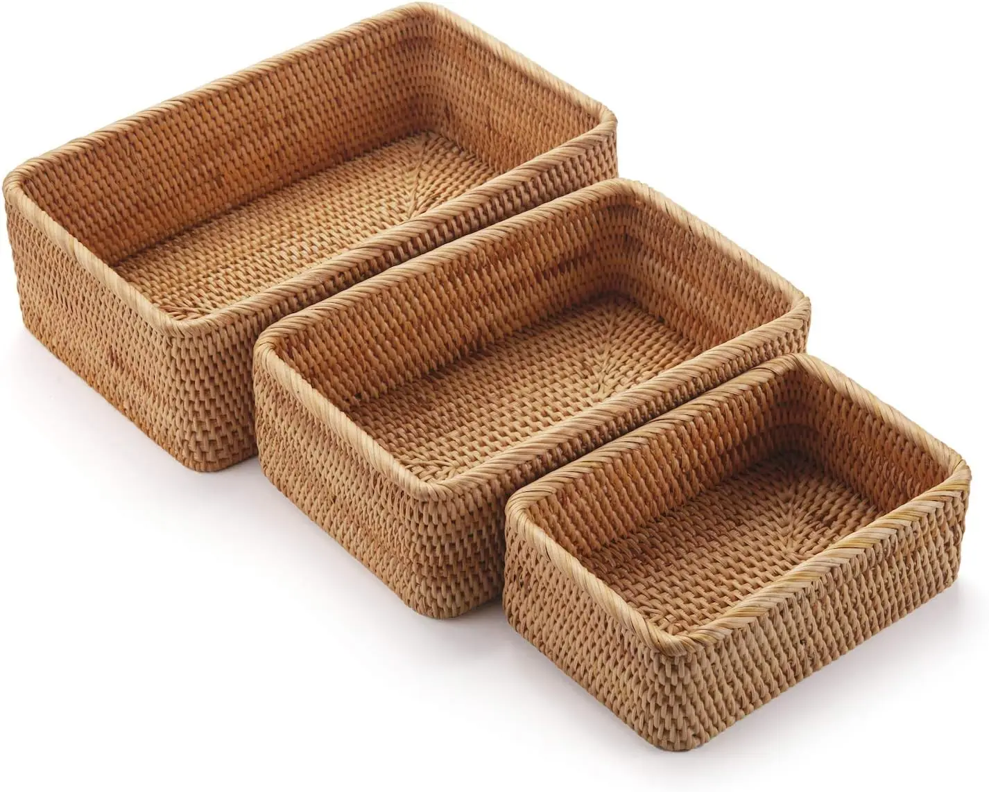 

Rectangular Handwoven Rattan Storage Baskets Set of Three Stackable Organizer for Keys Fruits Remotes
