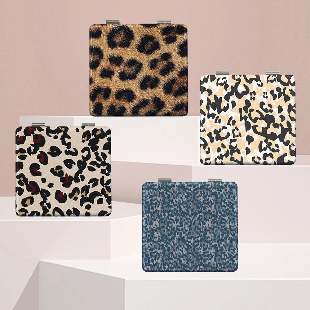Mini Portable Makeup Mirror Fashion Leopard Print Folding Mirror Pocket Handheld Small Mirror Travel Portable Mirror Makeup Tool