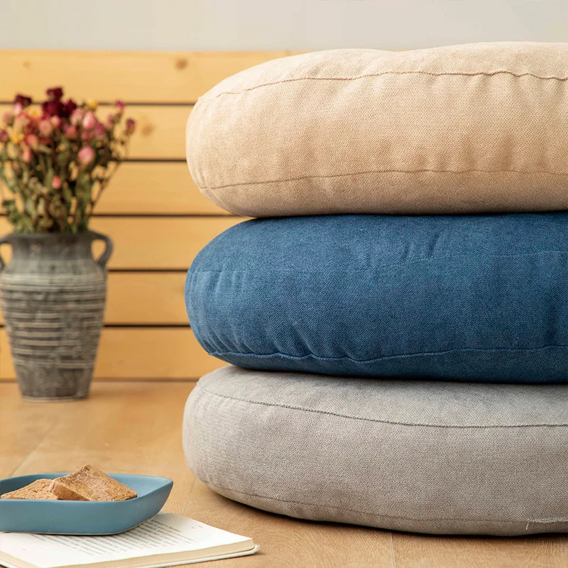 Kremowa Duża Poduszka Podłogowa Lniana Medytacja Joga Pogrubiona Okrągła Mata Tatami Poduszki na Siedzenie dla Dzieci Pufa Gruby Fotel Poduszka na Balkon 방석