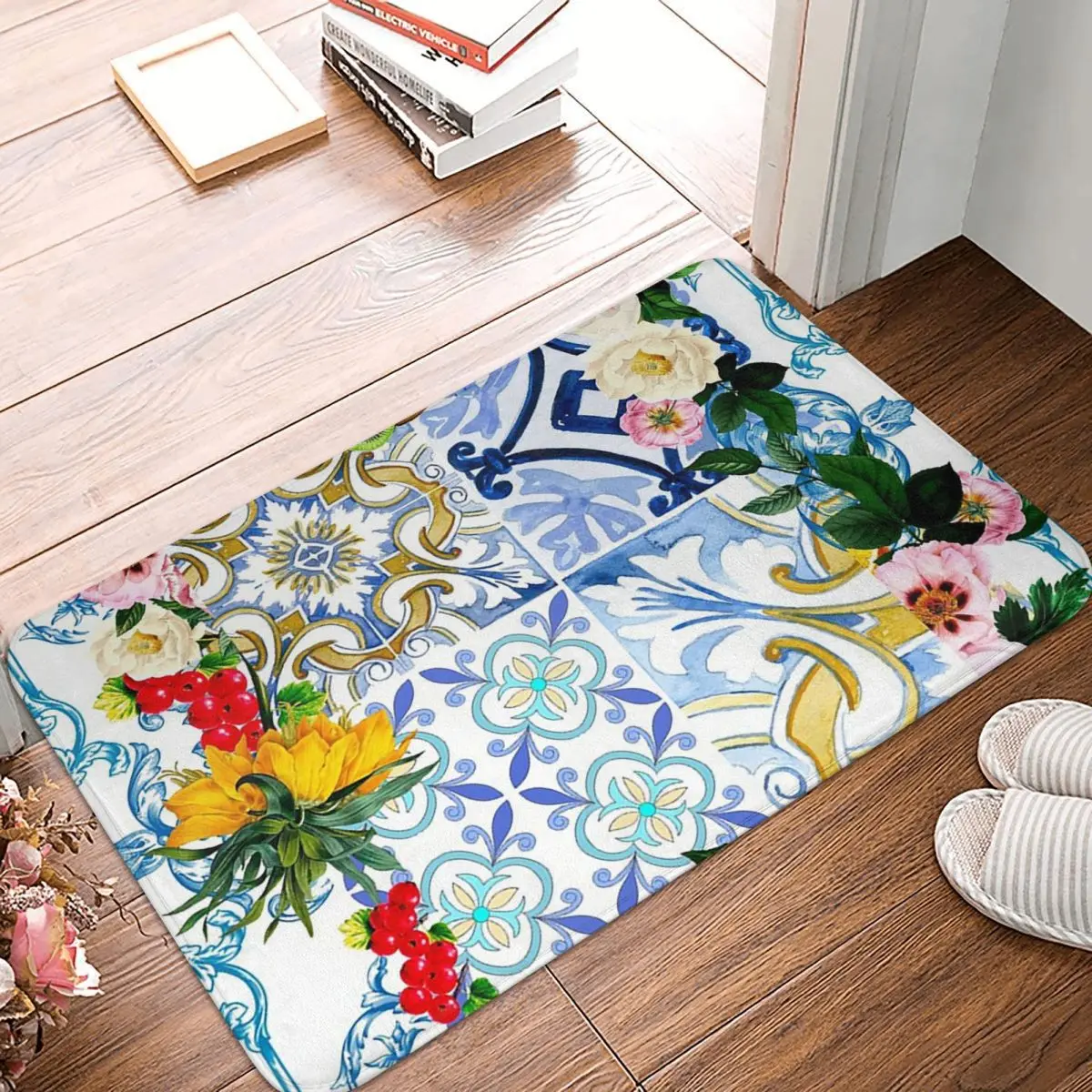 Sicilian Tiles,mediterranean,mosaic,lemons Non-slip Doormat Floor Mat Carpet Rug for Kitchen Entrance Home Balcony Footpad Mats