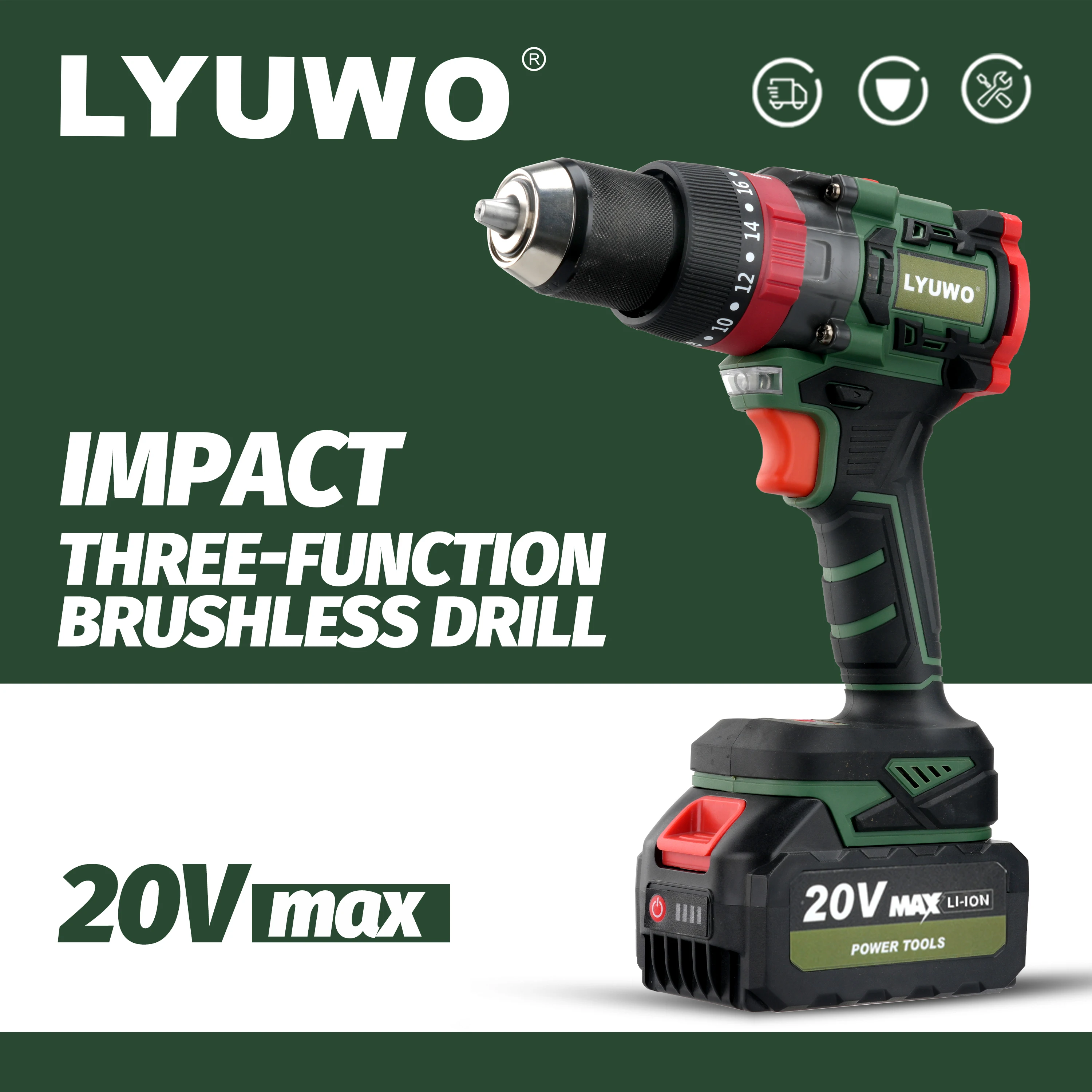 LYUWO 176N. m 20+3 High Torque 13mm Brushless Multifunctional Lithium Electric Impact Drilling Rig Pistol Drill Ice Drill Tool