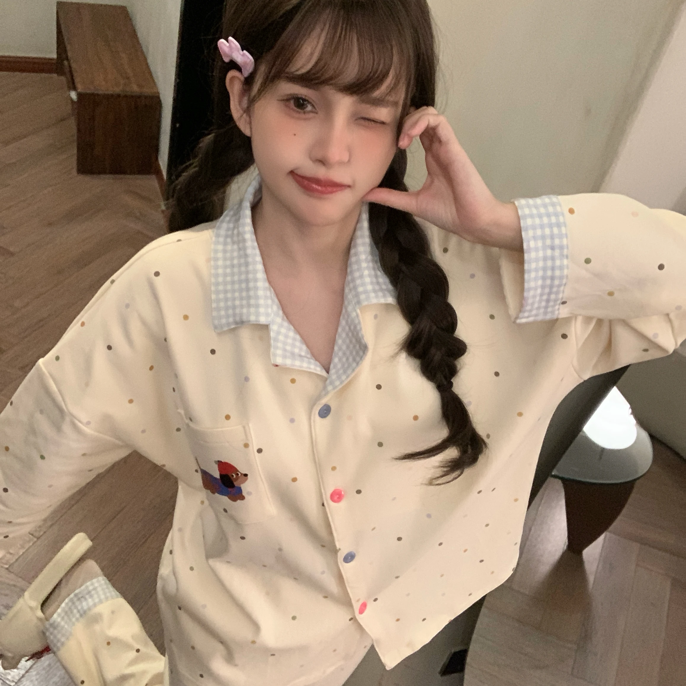 Polka Dot Durable Cotton Nightgown Women's Long Sleeve Long Pants Cartoon Student Home Clothes Spring Autumn New Style
