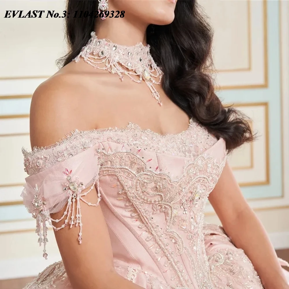 EVLAST-Robe Quinceanera Rose Personnalisée, Robe de Bal en Dentelle, Appliques Perlées, Corset en Clip, Sweet 16, Robe Éducative, 15 Anos, E3Qknit, 2025