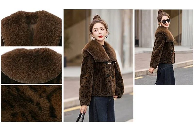 2025 Autumn Winter Wide Lapel Fox Fur Short Jacket Women's Leopard Print Faux Fur Integrated Coats Lady Loose Mink Fur Outerwear
