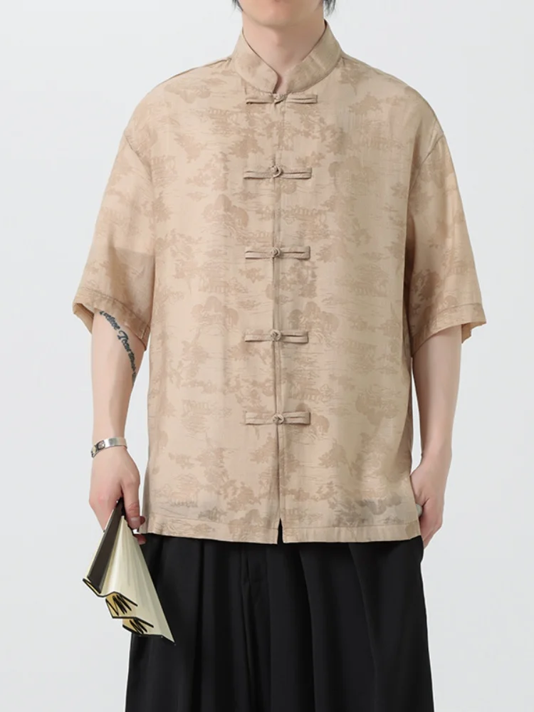 

Новая мужская рубашка из ледяного шелка в китайском стиле, с вышивкой, на пуговицах, летняя, тонкая, в стиле Тан, повседневная, свободного кроя