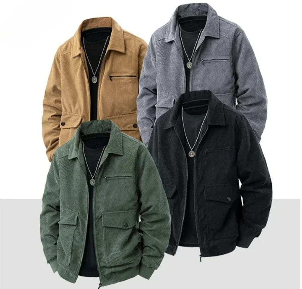 เสื้อแจ็คเก็ตคอปกผ้าลูกฟูกสไตล์วินเทจอเมริกันสำหรับผู้ชาย ฤดูใบไม้ผลิ ฤดูใบไม้ร่วง เรียบง่าย อเนกประสงค์ เหมาะสำหรับใส่ทำงาน เสื้อโค้ทมีปก เสื้อทำงาน