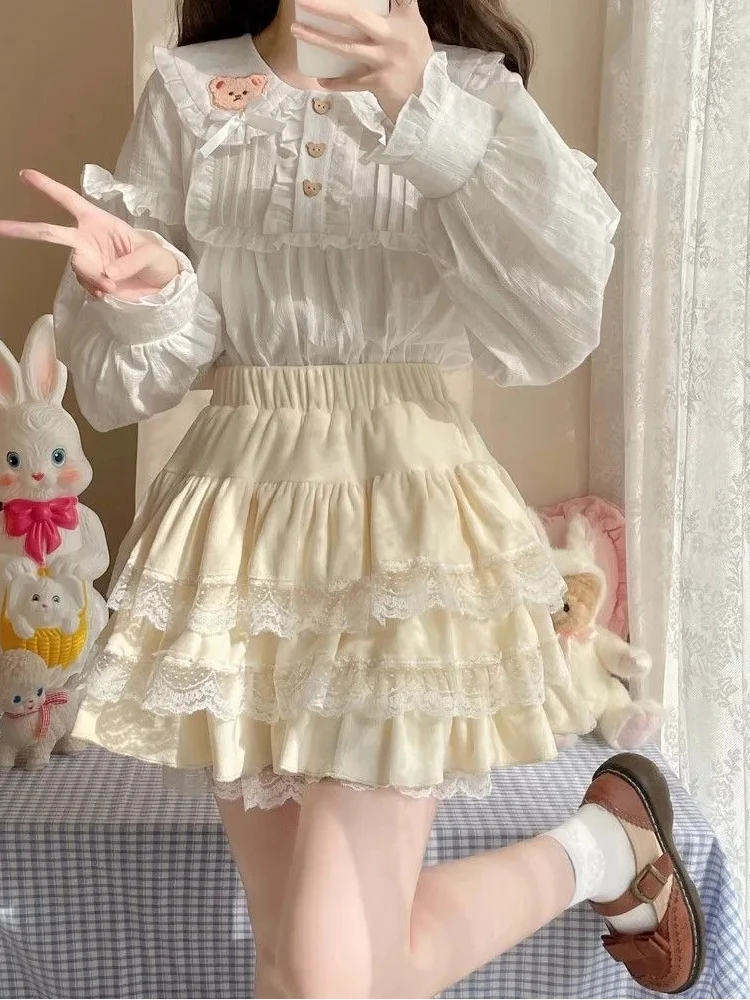 Koronkowe spódnice z ciastami damskie Patchwork Sweet Temper Midi zaprojektowane moda luźna casualowe w stylu Streetwear Faldas japoński Harajuku Kawaii Ins