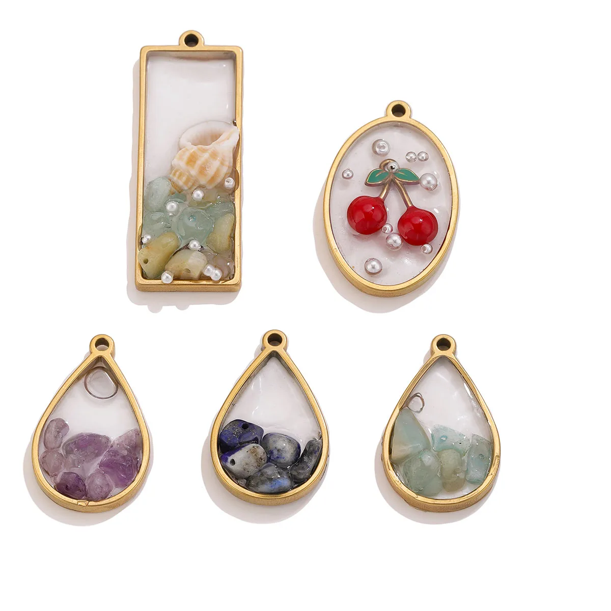 Vintage Enamel Charm Pendant Stainless Steel Gold Natural Stone Pearl Cherry Shell DIY Necklace Jewelry Making Finding Wholesale